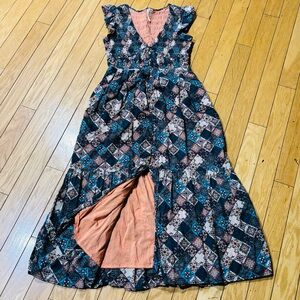 Anthropologie Maxi Dress in Teal, Black & Coral